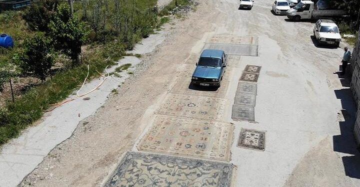 Bu halıların üzerinden arabalar geçiyor