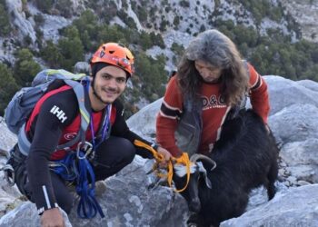 Uçurumda mahsur kalan keçi kurtarıldı
